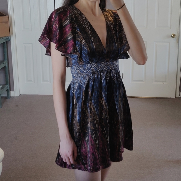 Silk fit and flare flutter sleeve mini dress - Picture 4 of 13